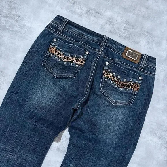 Y2K LA Idol Bluee Leopard Print 00s Denim Jeans - Picture 4 of 8